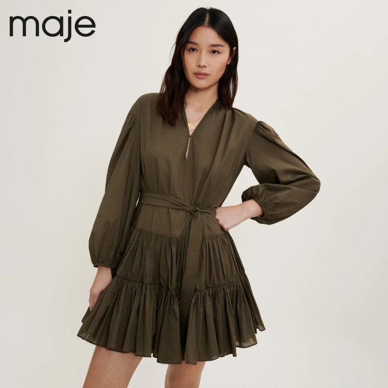 【下架】maje法式静奢风V领泡泡袖设计感褶皱连衣裙短裙MFPRO02193