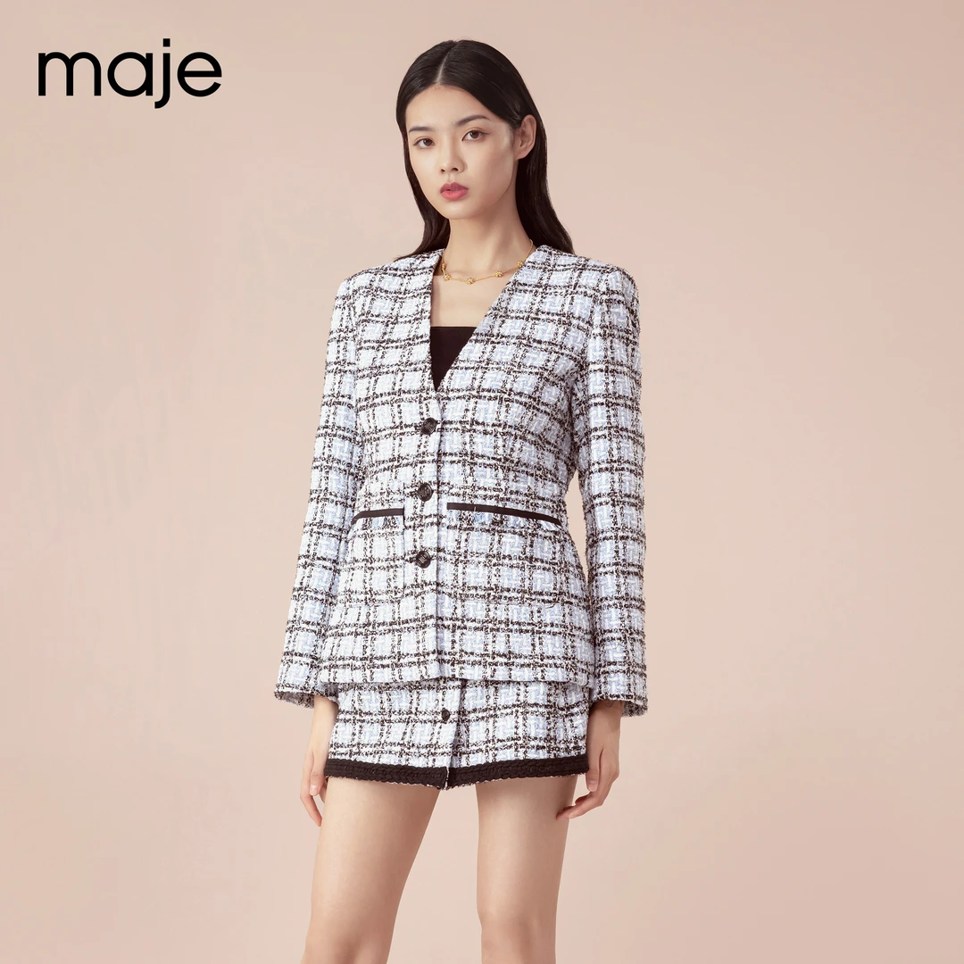 Maje春秋女装高级感V领收腰格纹粗花呢外套上衣MFPVE00447