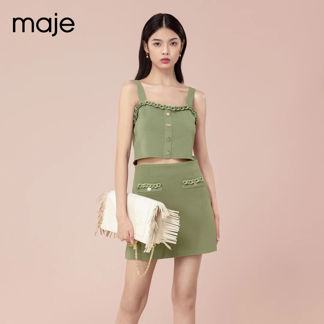 【待】Maje时尚卡其色饰边修身针织A字半身裙短裙MFPJU00976