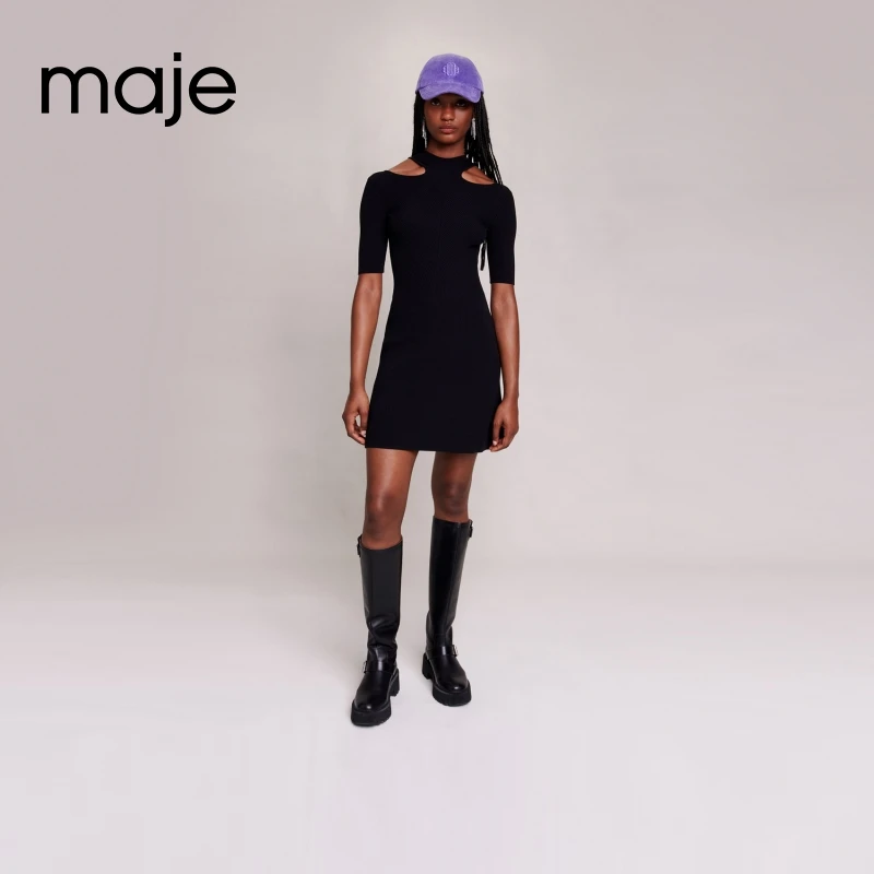【待】Maje女装法式气质修身露肩黑色收腰针织连衣裙短裙MFPRO03190