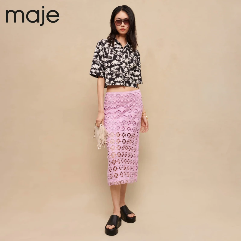 【待】Maje女装法式时尚棉质宽松短款撞色印花衬衫上衣MFPCM00417