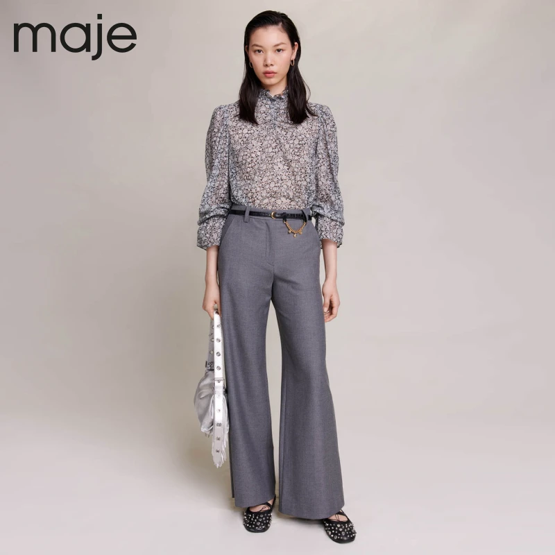 【待】Maje女装印花设计感泡泡袖短款木耳领长袖衬衫上衣MFPTO00916