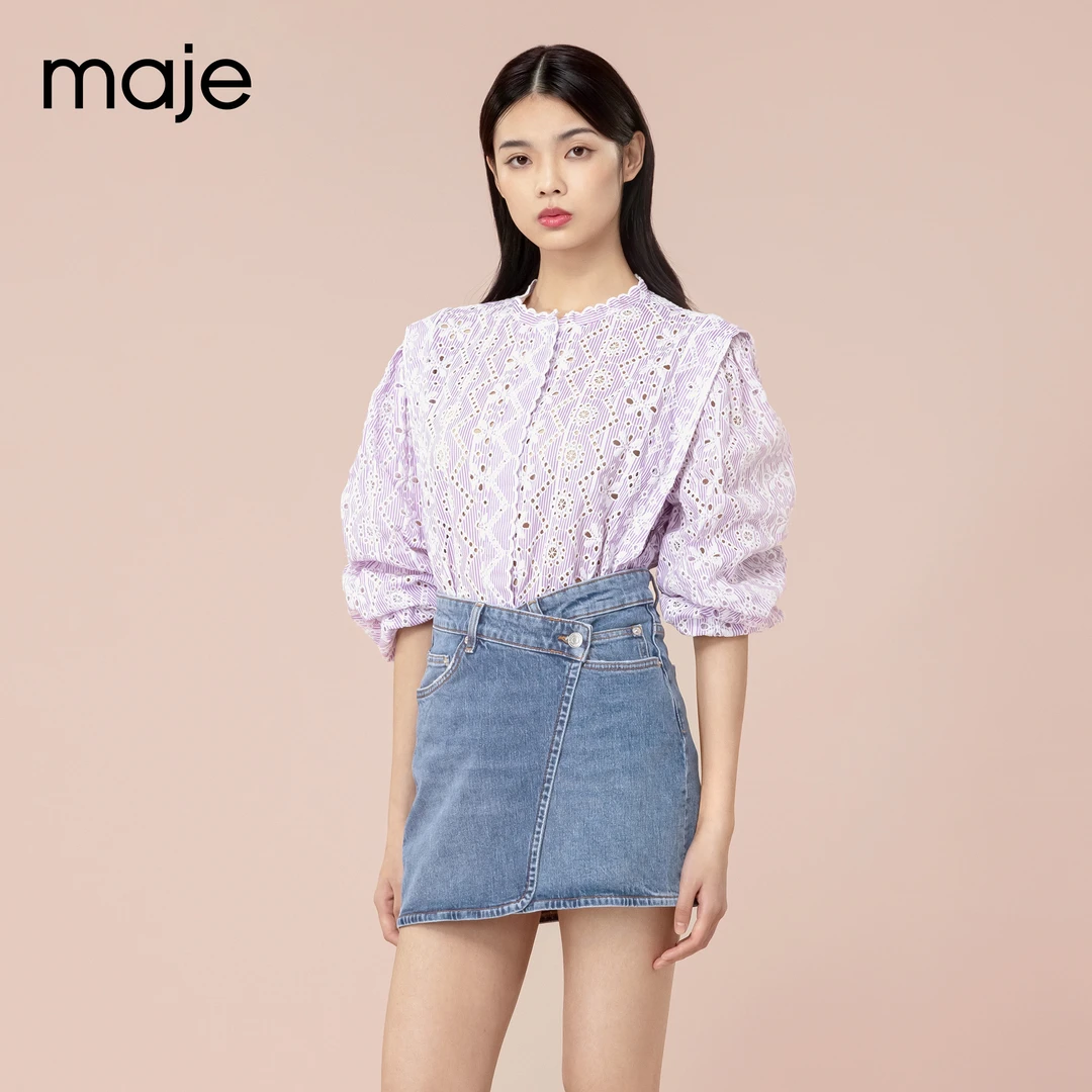 Maje女装高级感甜美时尚泡泡袖镂空紫色碎花衬衫上衣MFPCM00411