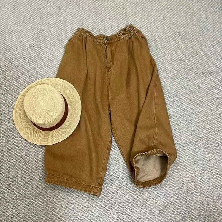 春夏个性后大口袋宽松牛仔阔腿八分裤9091