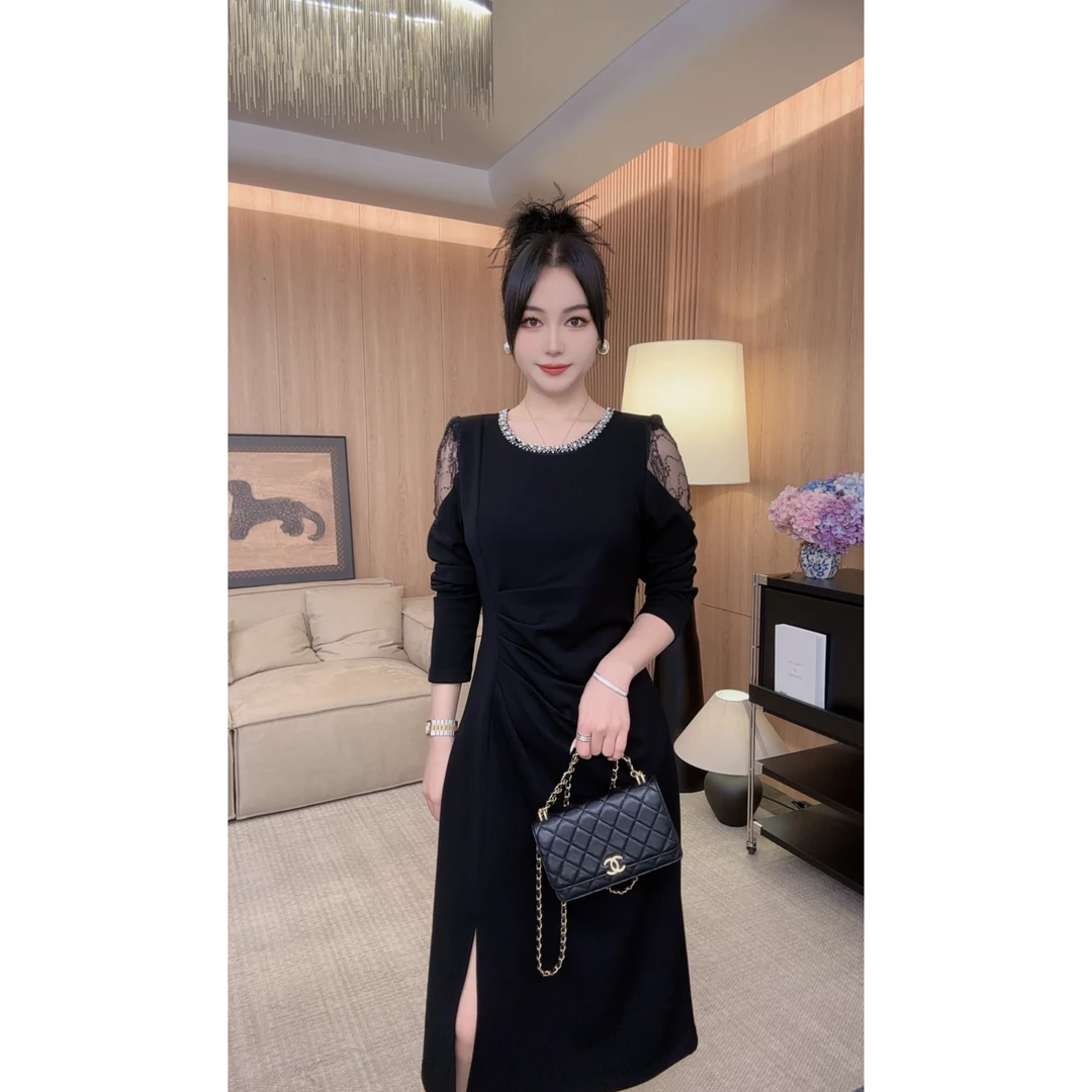 6845 鱼鱼严选2024冬季显瘦开叉气质收腰长袖显瘦收腰女装 连衣裙