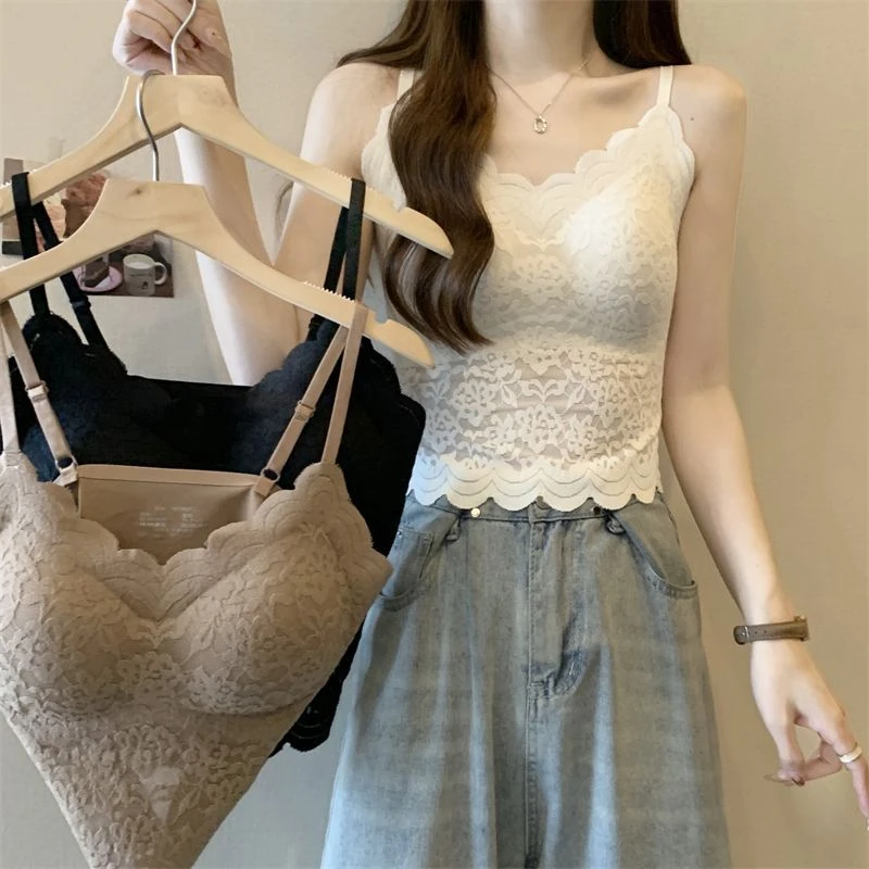 蕾丝冰丝吊带背心女士带胸垫固定杯内搭外穿修身显瘦美背夏季薄款