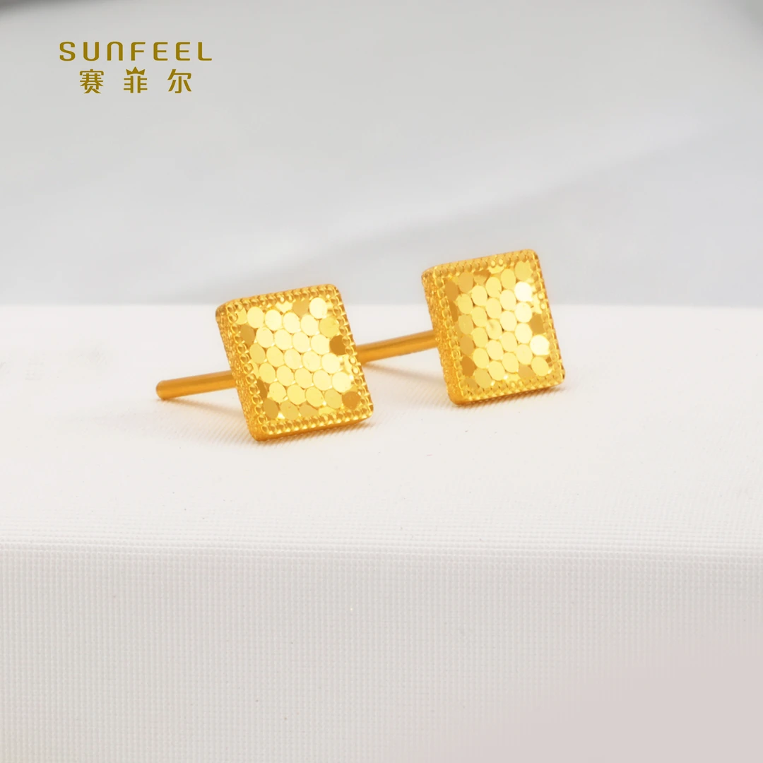 SUNFEEL/赛菲尔【十三店】足金闪光金正方形直针耳钉HR010736