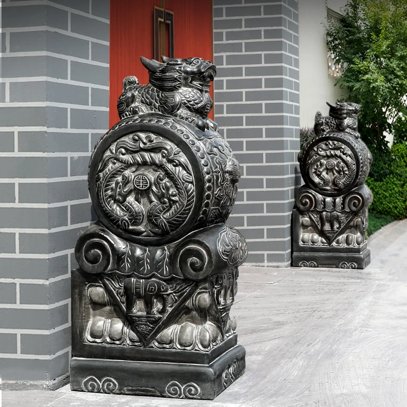 石雕门墩天然青石麒麟石墩摆件雕刻一对别墅门口家用石鼓抱鼓石