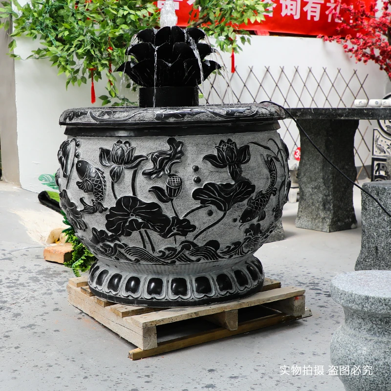 大理石鱼缸仿古花盆庭院园林户外摆件天然青石荷花鱼缸流水摆件