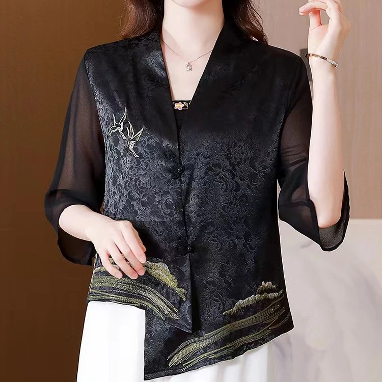 国风外套女刺绣不规则外搭开衫花萝拼接新款夏季短款七分袖上衣02