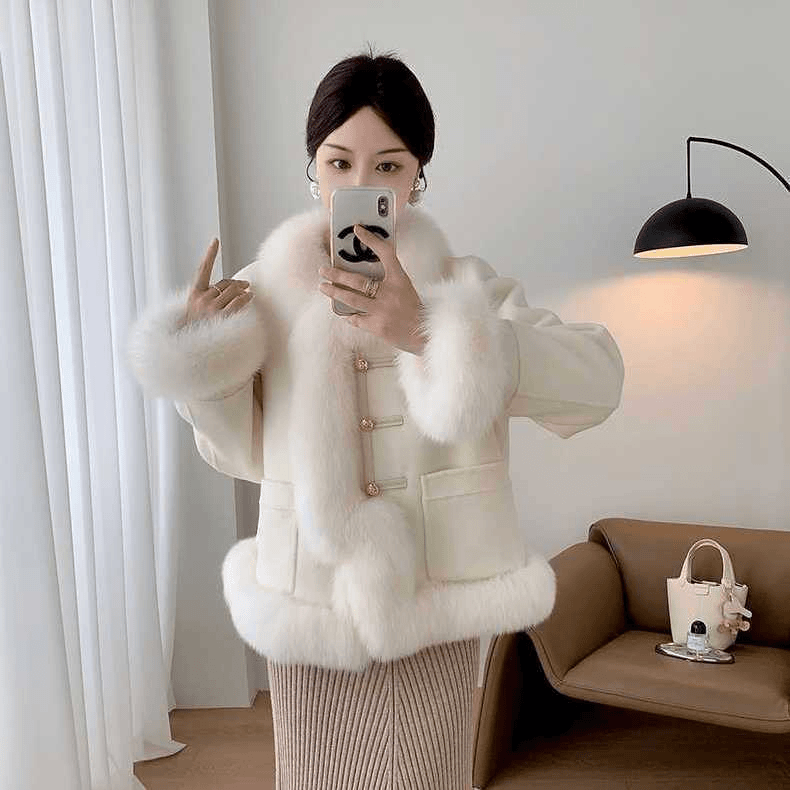 小香风羽绒服外套2023秋冬季新款白绒内胆仿皮草狐狸毛