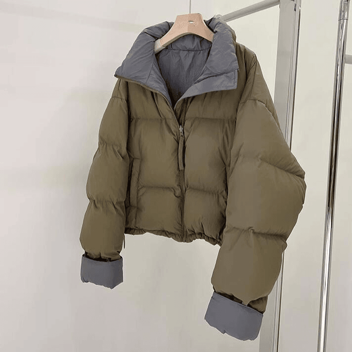 反季绿色短款羽绒服服女2023年新款小个子韩版宽松立领面包