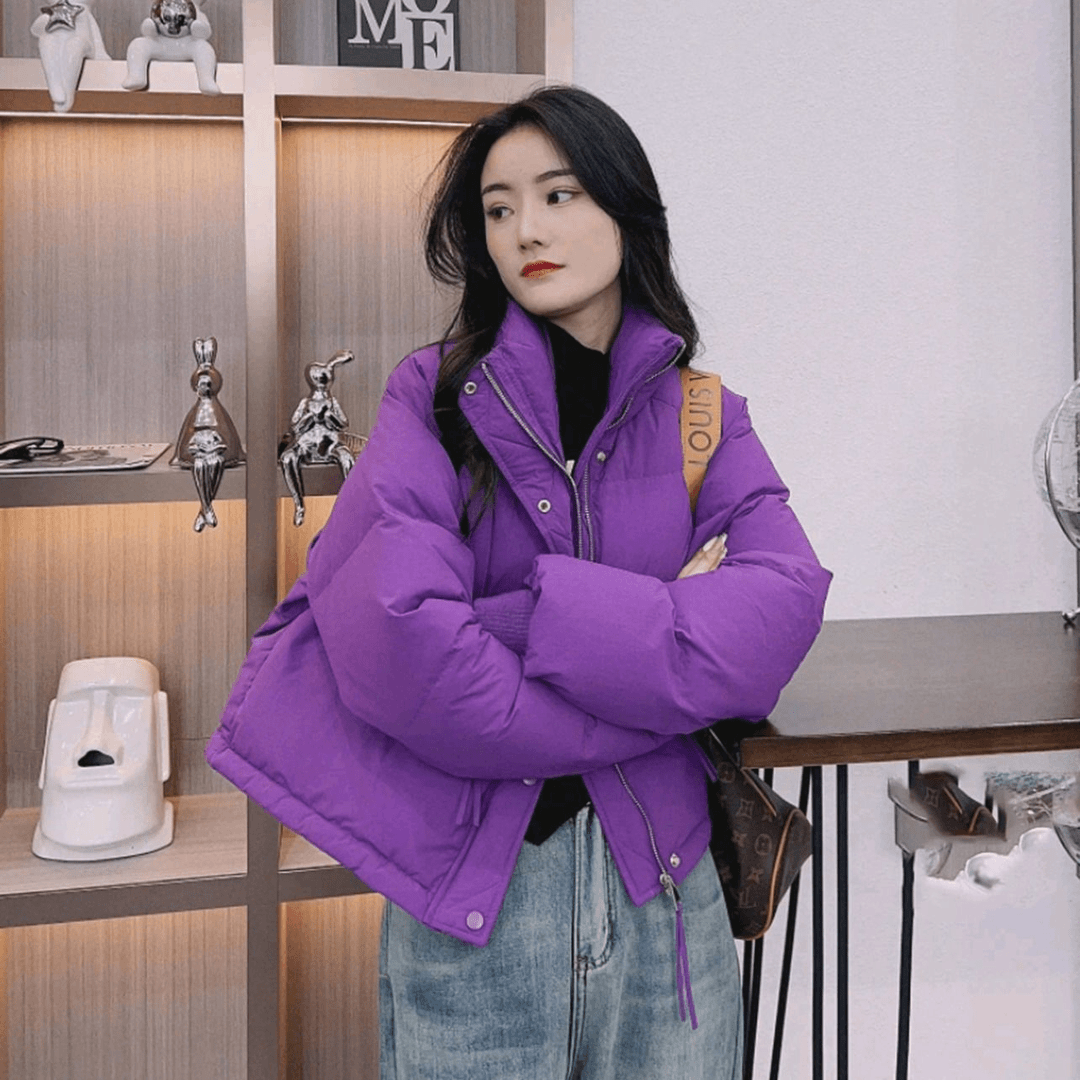 美拉德2023冬新款韩版白鸭绒羽绒服女短款立领宽松面包服小个外套