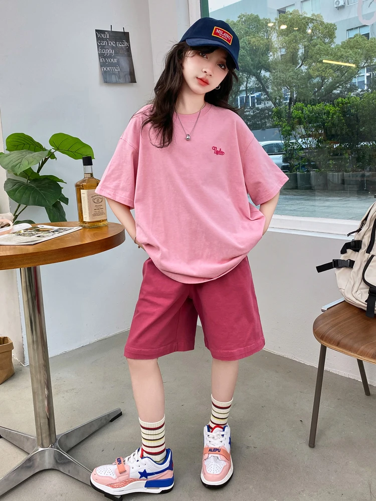 2024夏季女童时尚套装中大童韩版粉色洋气运动短袖休闲宽松短裤