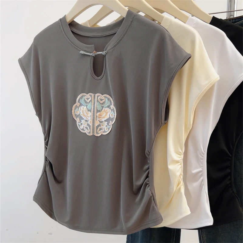 G2024大码女装复古新中式刺绣镂空无袖T恤夏季修身设计感小众上衣