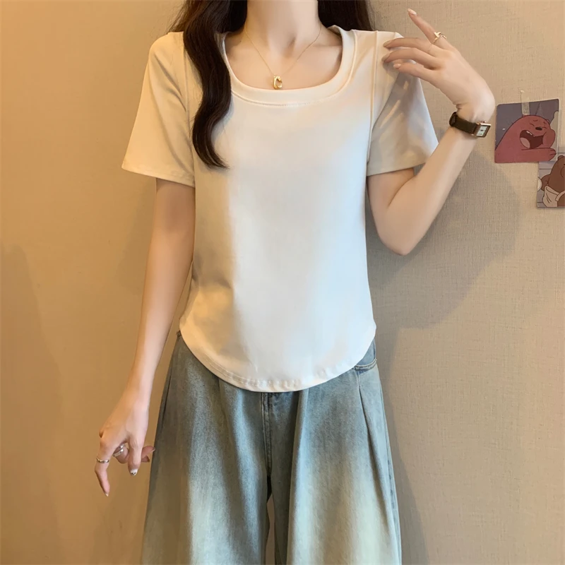 R夏季大码女装胖女生显瘦短袖T恤上衣胖妹妹2024遮肚藏肉打底上衣