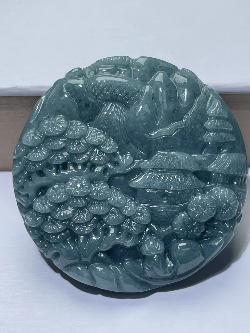 天然A货翡翠蓝水山水龙牌双面工艺尺寸宽52mm厚10mm精美