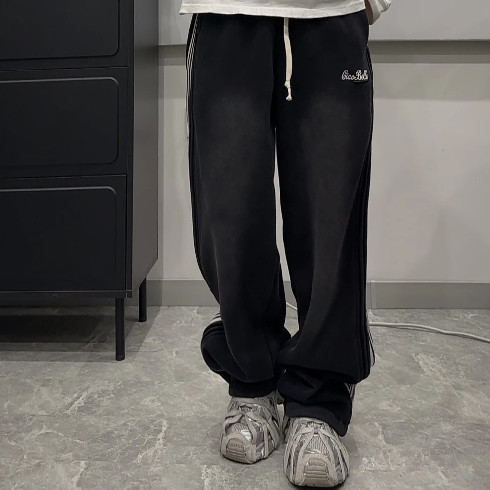 6106男女生潮牌加绒卫裤直筒百搭宽松潮流运动休闲裤条纹高街时尚