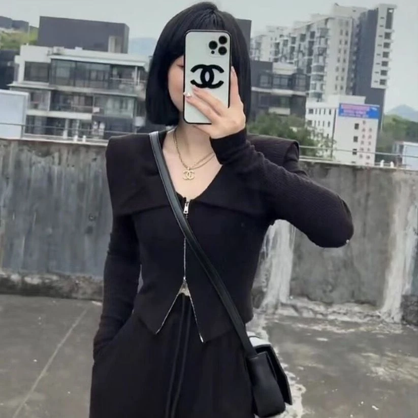 高级时尚休闲翻领两件套女春秋短款上衣高腰直筒阔腿裤套装W0619T