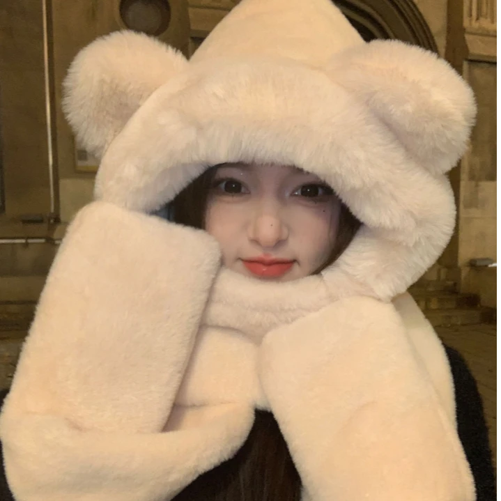 【小熊帽子围脖三件套】百搭冬季围巾手套防风保暖抗寒护耳大学生