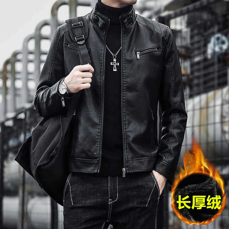 海宁加绒加厚皮衣男秋冬装男士薄款外套韩版青年立领加绒软皮夹克
