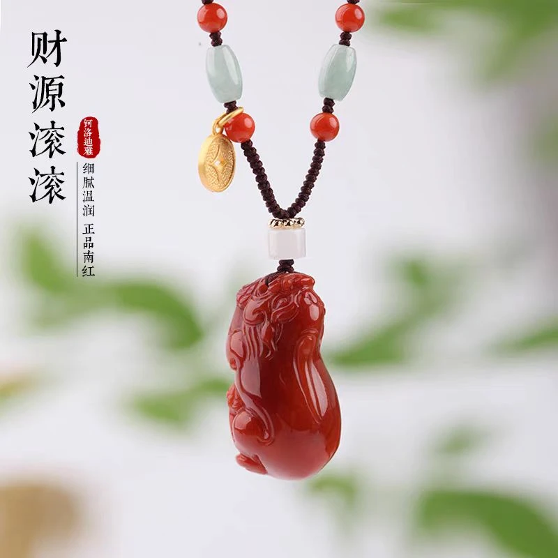 天然南红川料凉山柿子红南红雕件貔貅手把件