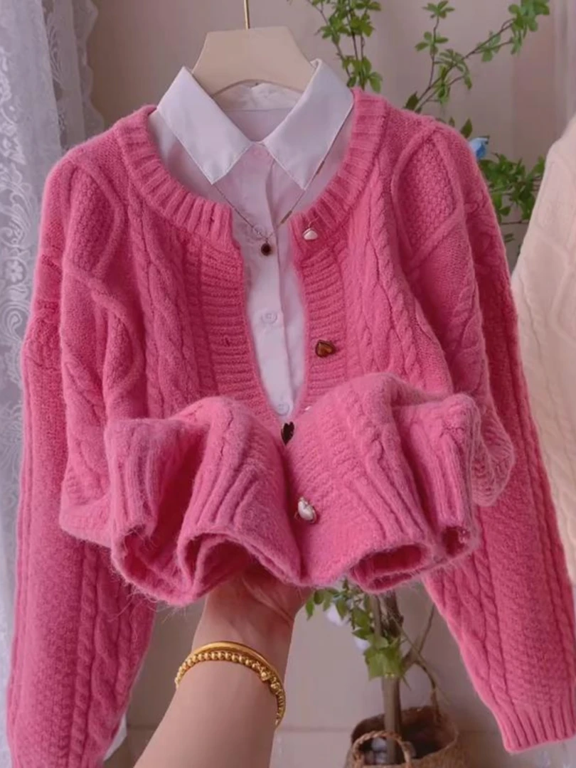早春季慵懒风麻花加厚毛衣开衫外套女2025新款设计感爱心扣针织衫