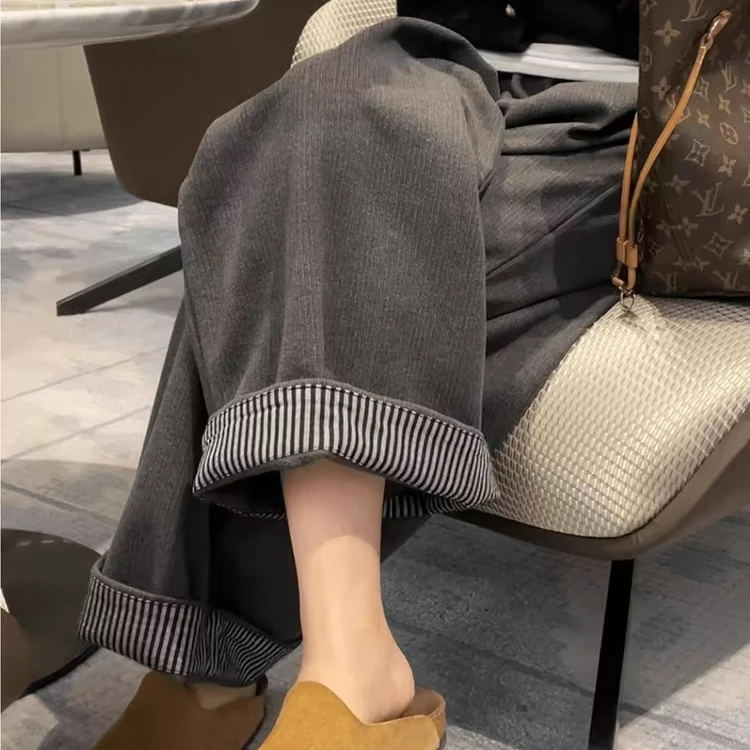 复古灰色卷边格纹高腰休闲裤女秋季新款宽松百搭显瘦直筒阔腿k63