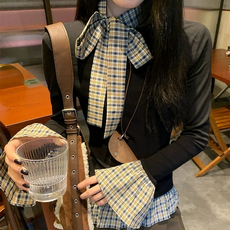 假两件复古格纹拼接黑色打底衫女秋冬洋气内搭修身长袖t恤上衣女