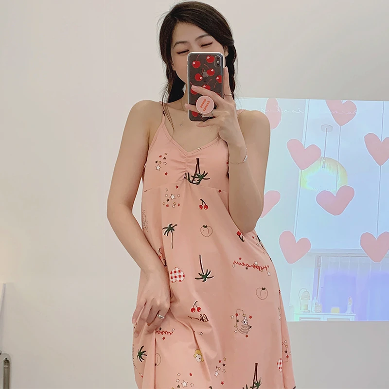 100%纯棉吊带睡裙女夏季薄款韩版甜美全棉带胸垫睡衣可外穿家居服