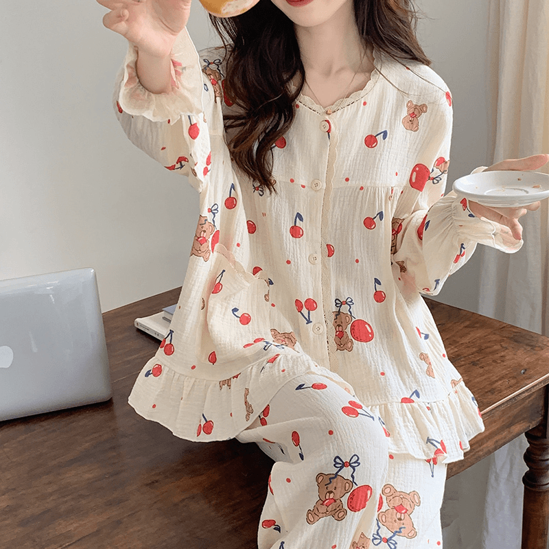 新款春秋季女睡衣长袖甜美卡通植物开衫可外穿家居服套装