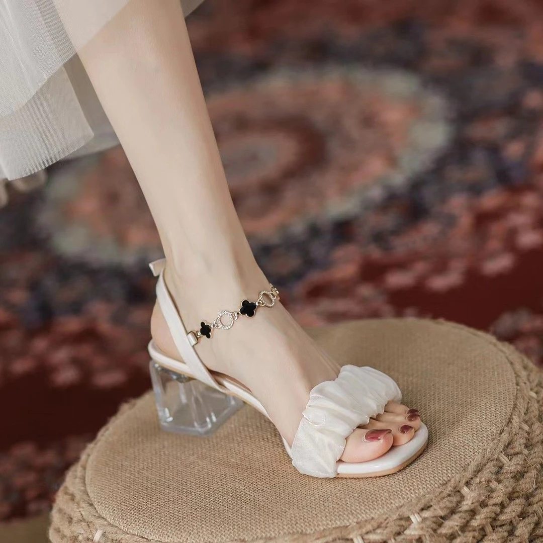 【S2025】凉鞋夏季新款粗跟凉鞋女一字带小个子白色绝美气质高跟鞋z