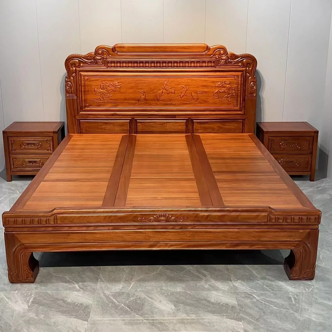 中式全实木黄金梨木1.8米高档榫卯古典雕花主卧储物大床1.5米