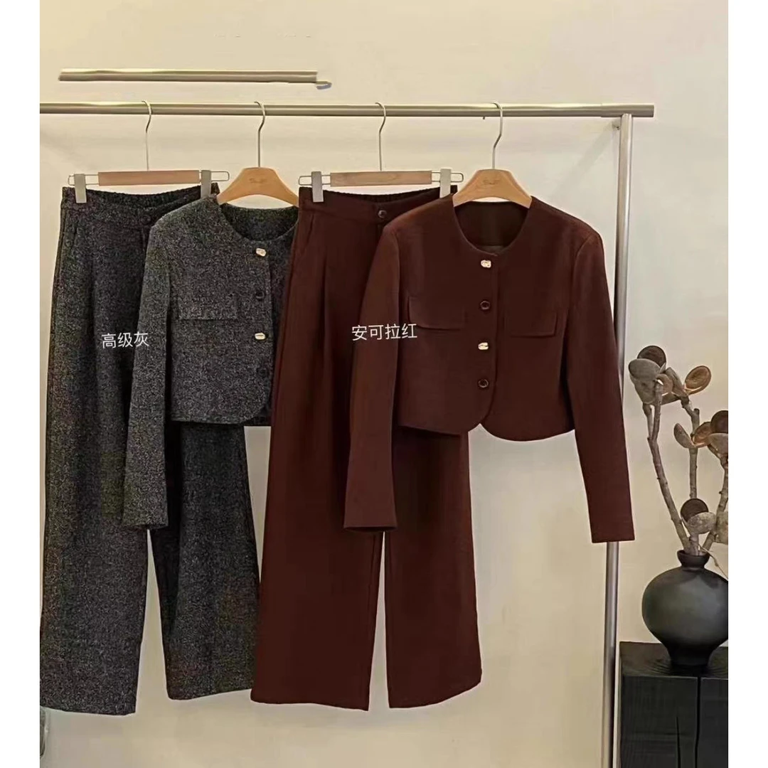 韩系2024秋季新款气质小香风短款外套+高腰显瘦直筒裤两件套装女