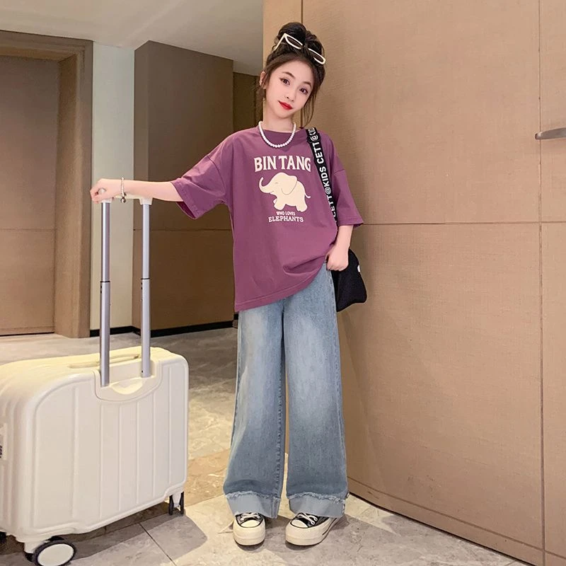 女童夏款套装2024新款中大童洋气短袖薄款牛仔阔腿裤时髦两件套装