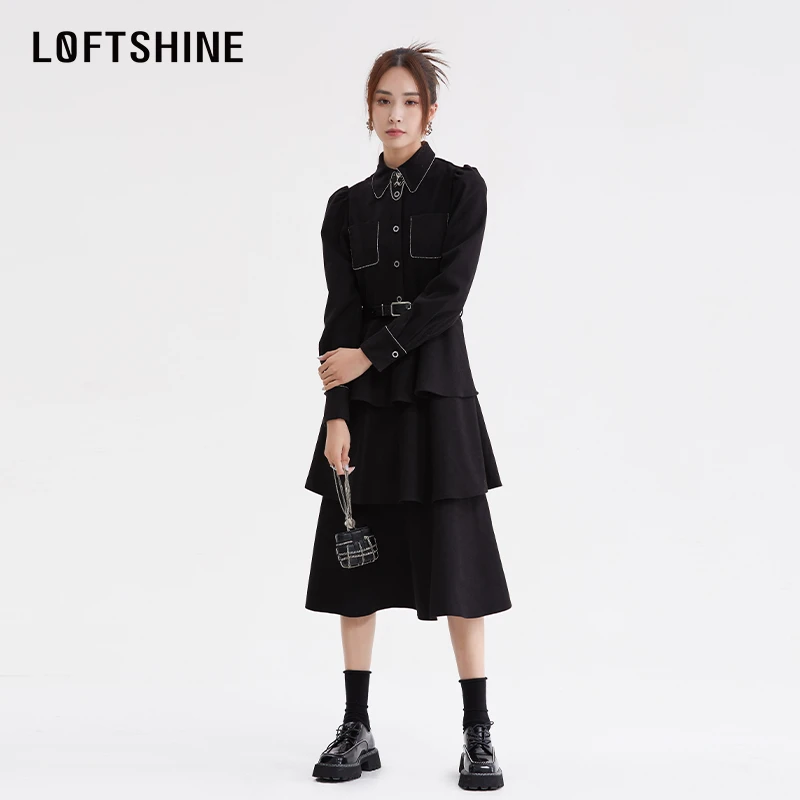 LOFTSHINE珞炫24秋冬款黑色时尚气质连衣裙收腰拼接A字长裙