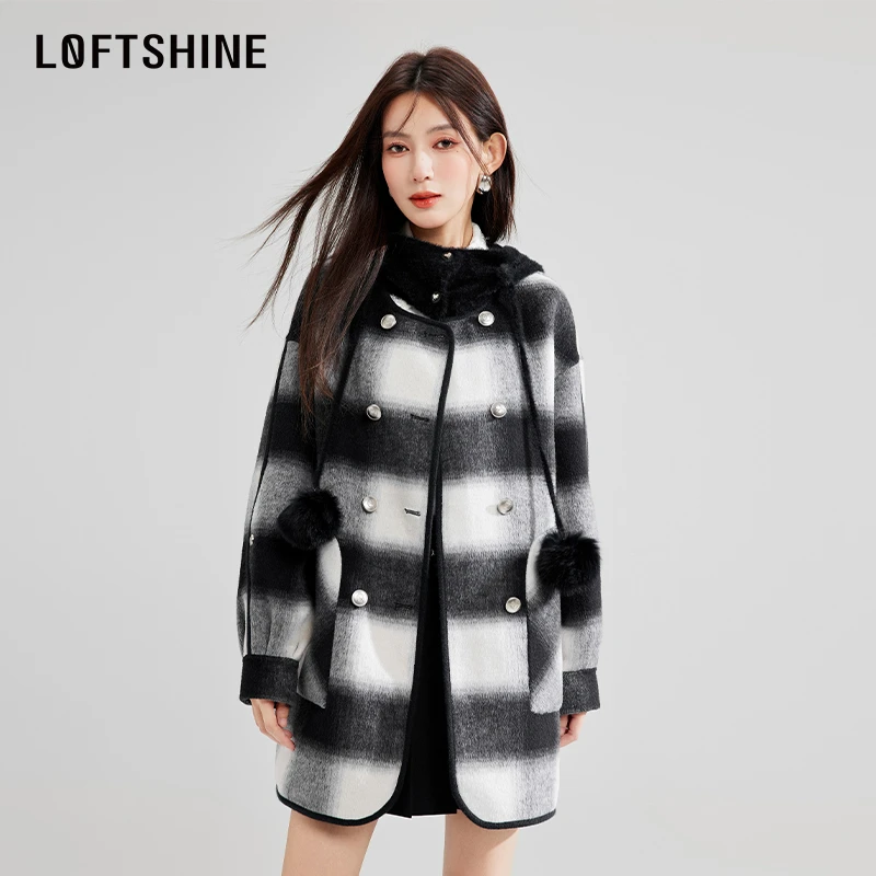 LOFTSHINE珞炫经典格子百搭毛呢外套2023秋冬新款时尚高级感大衣