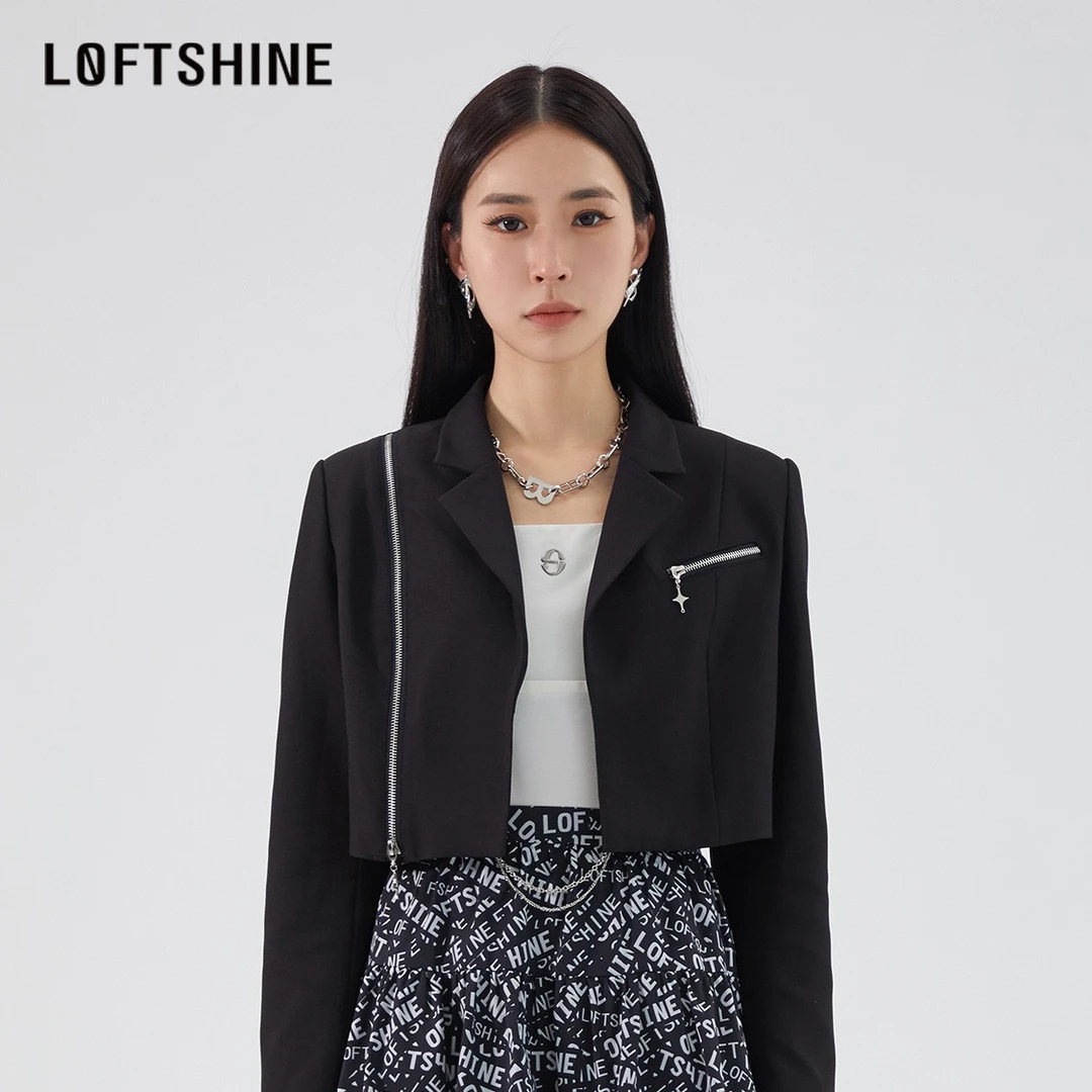 LOFTSHINE珞炫黑色小众设计感短款正肩外套2023春夏甜酷高级上衣