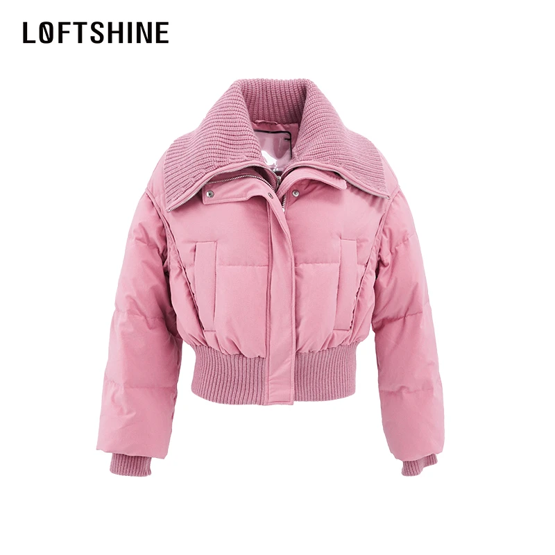 LOFTSHINE珞炫2023冬季新款小个子粉色双层领保暖时尚羽绒服外套