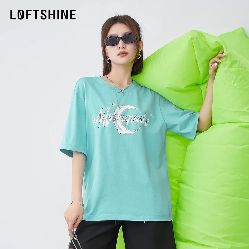 LOFTSHINE珞炫圆领蓝色印花美式复古街头短袖23夏新款休闲宽松T恤
