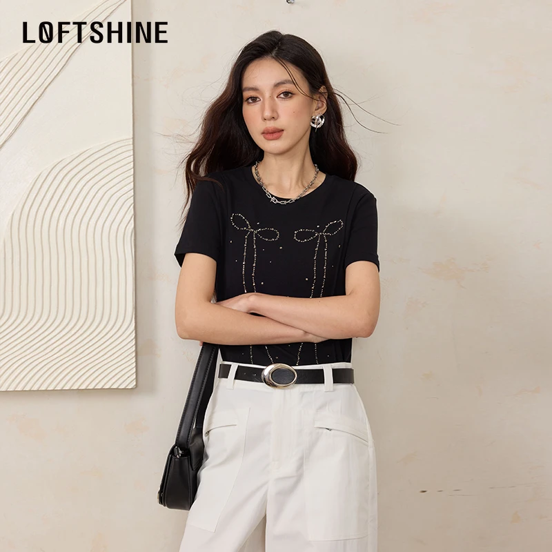 LOFTSHINE珞炫24秋季新款修身显瘦小个子短款珍珠链正肩短袖上衣