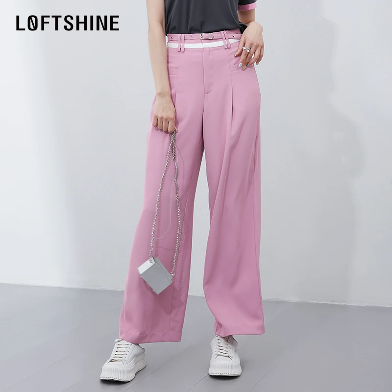 LOFTSHINE珞炫简约宽松粉色高腰时尚直筒裤23夏季垂感甜美休闲裤