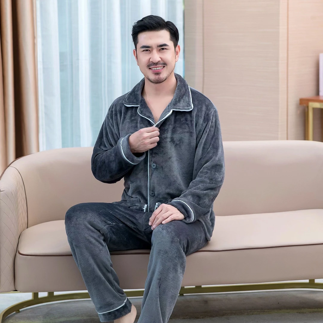 （新款）秋冬季男士珊瑚绒睡衣套装加厚加绒长袖保暖法兰绒家居服