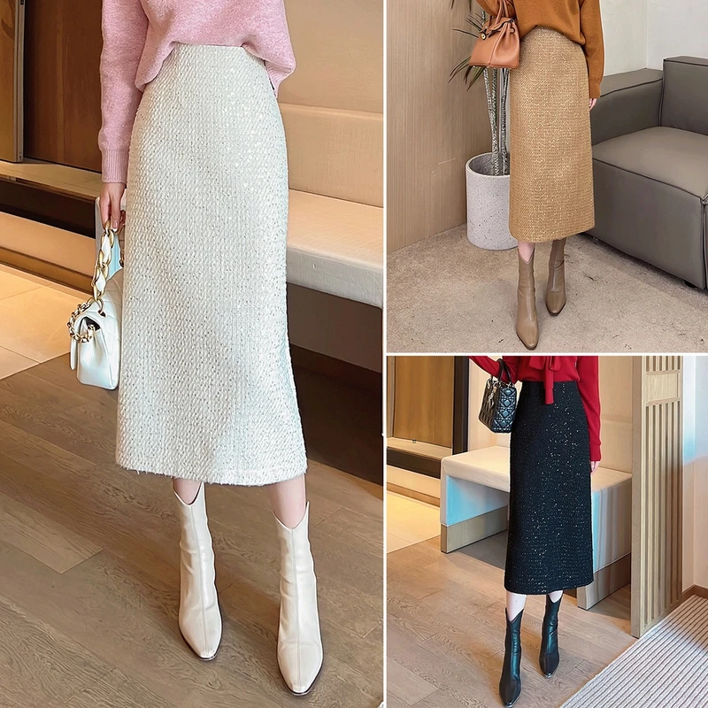 【珂一半裙】秋冬显瘦半身裙小香风亮片裙气质高腰直筒长裙