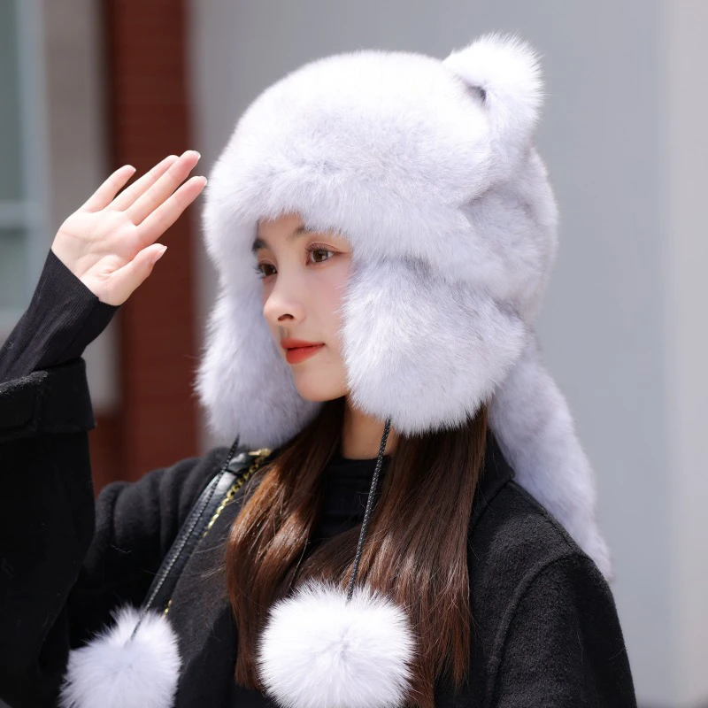 蓝狐小熊狐狸毛帽子皮草加厚韩版防风保暖帽护耳帽百搭时尚防寒