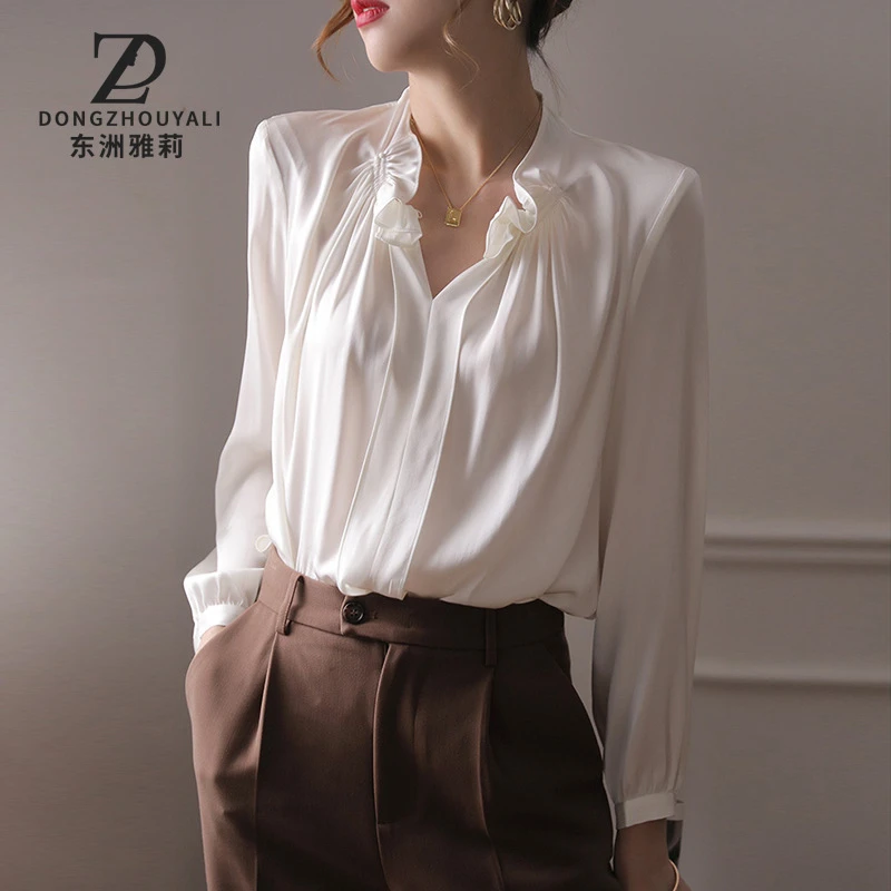6458秋季衬衫女长袖设计感小众V领时尚气质洋气衬衣