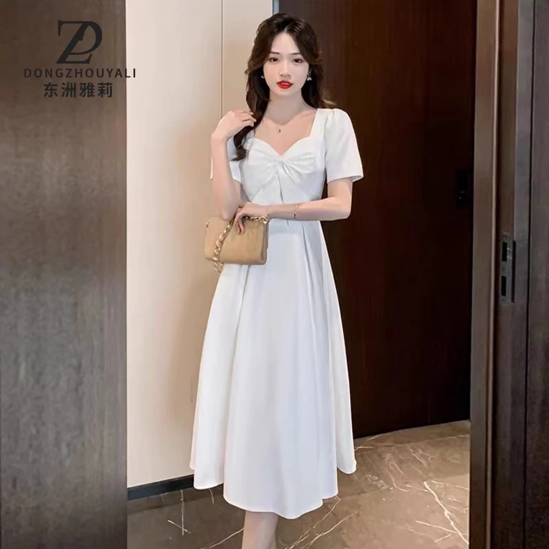 MJ8186夏季气质蝴蝶结收腰显瘦方领连衣裙小众时尚修身白色名媛