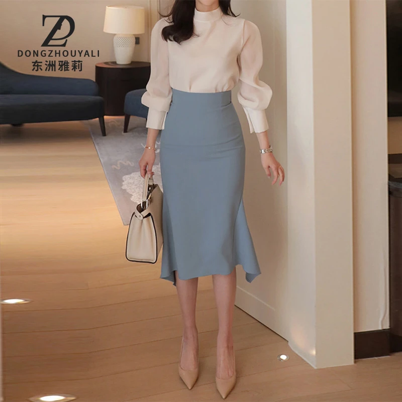 6517气质名媛秋季淑女套装2024新款立领白色衬衫不规则下摆鱼尾裙