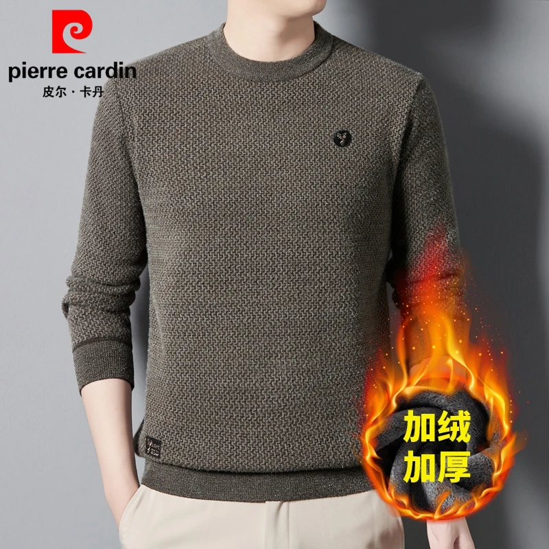 皮尔卡丹秋冬新款男士时尚高档加绒保暖加厚圆领菠萝纹毛衣百搭