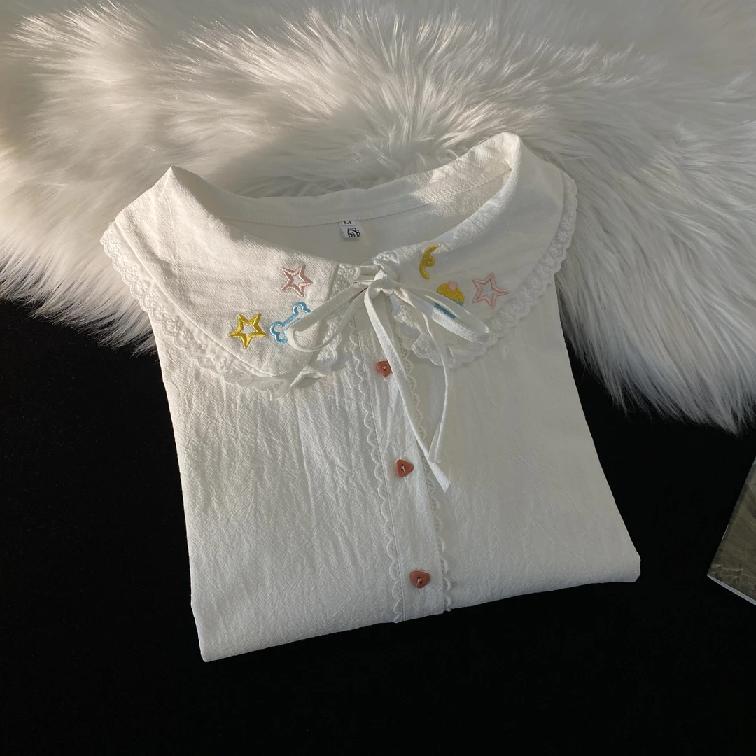 刺绣娃娃领花边白色衬衫女法式内搭打底别致绝美独特漂亮小衫上衣